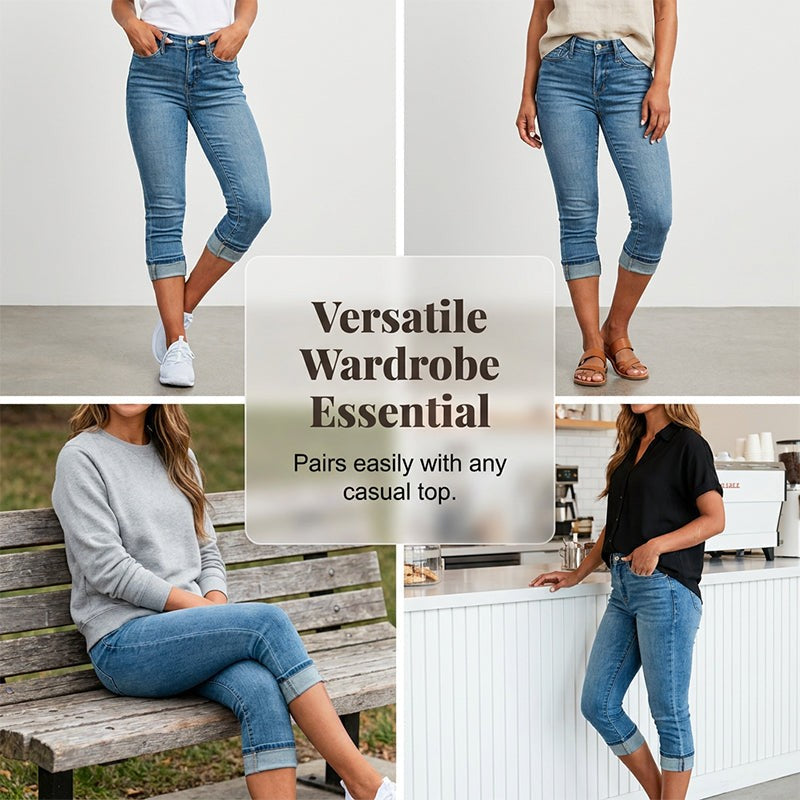 Dame Capri Jeans - Høj talje med rullet