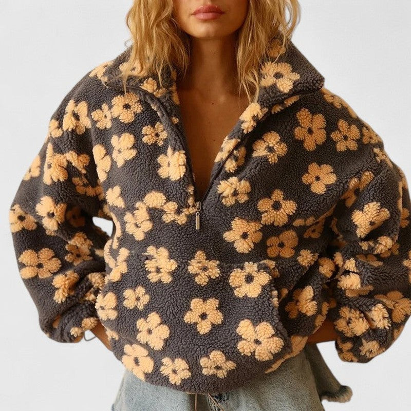 Dames halv-lynlås sweater - blomstermønster