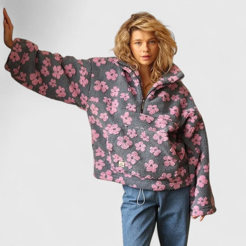 Dames halv-lynlås sweater - blomstermønster