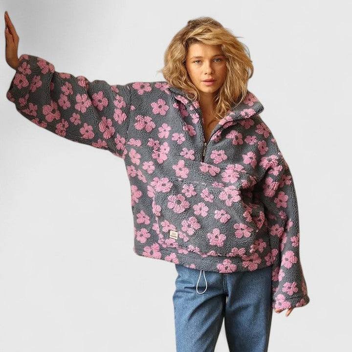 Dames halv-lynlås sweater - blomstermønster