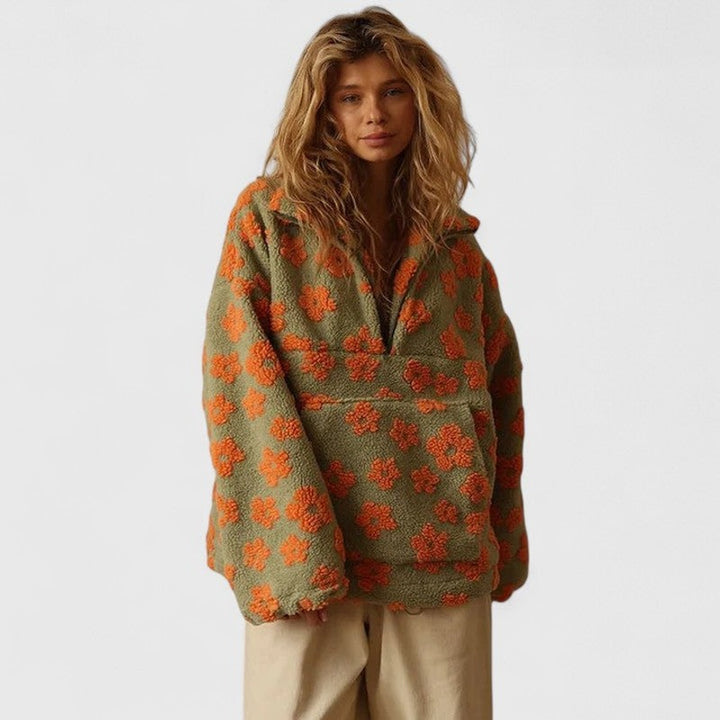Dames halv-lynlås sweater - blomstermønster