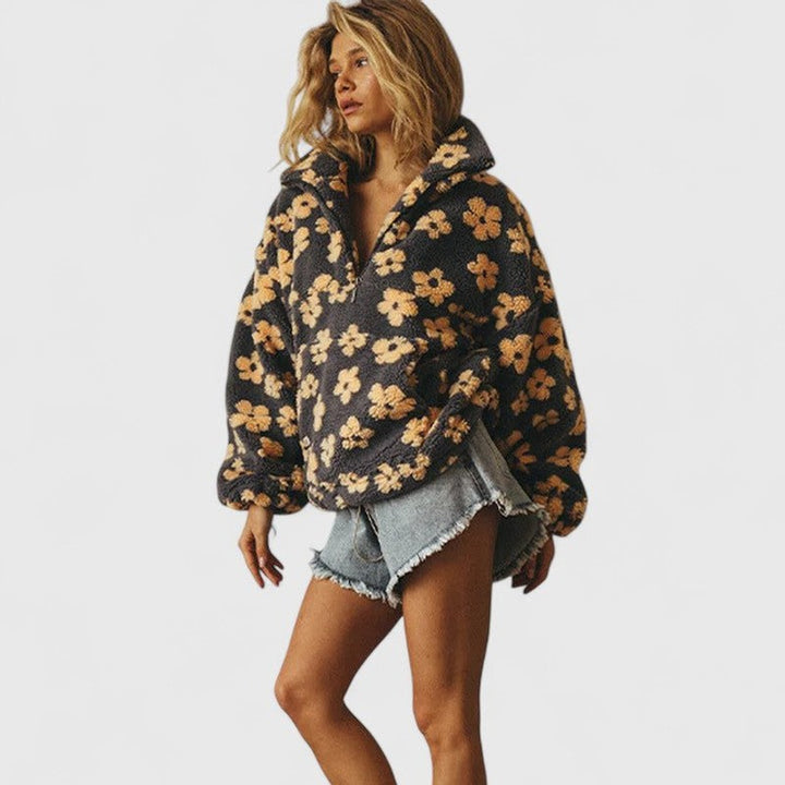 Dames halv-lynlås sweater - blomstermønster
