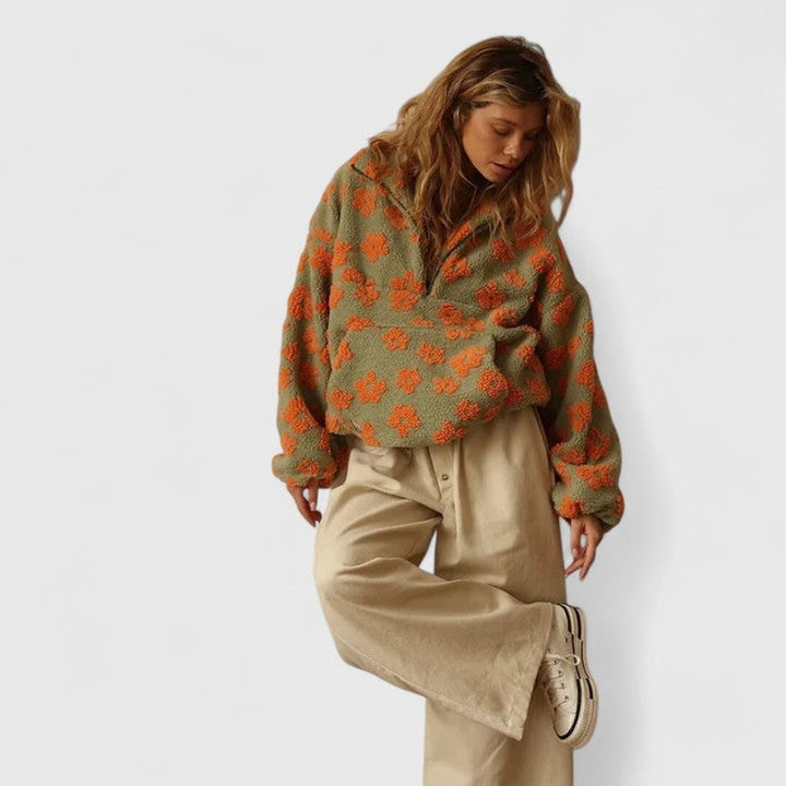 Dames halv-lynlås sweater - blomstermønster
