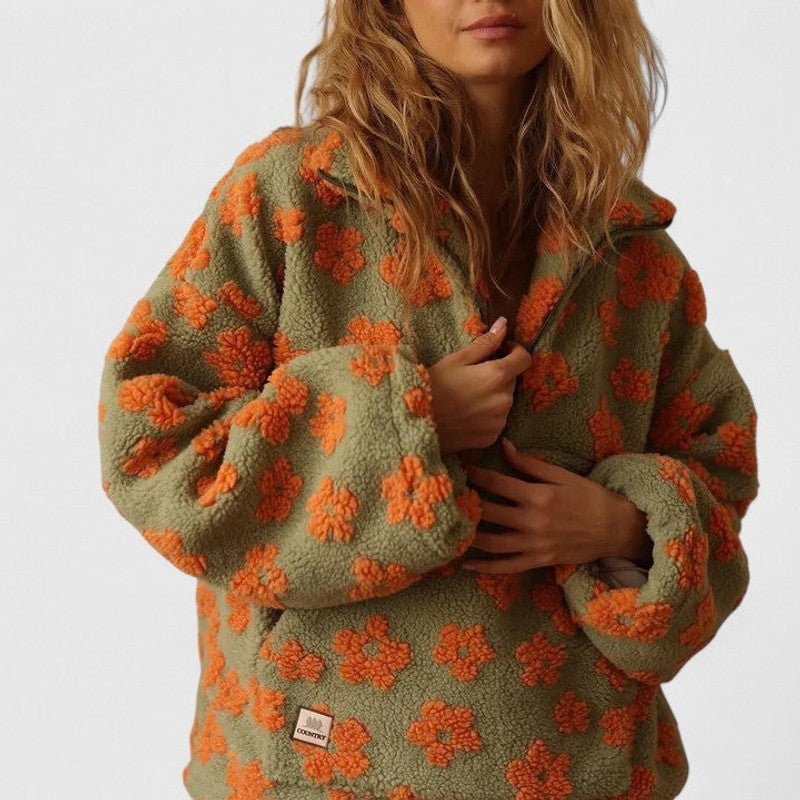 Dames halv-lynlås sweater - blomstermønster