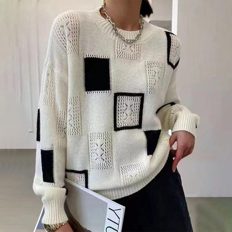 Kvinders strikket sweater - Patchwork med firkantede blokke