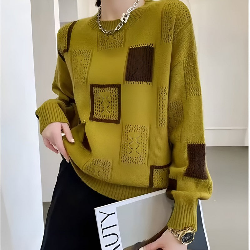 Kvinders strikket sweater - Patchwork med firkantede blokke