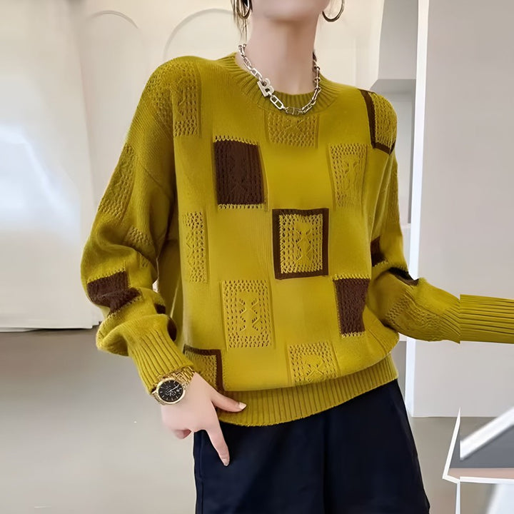Kvinders strikket sweater - Patchwork med firkantede blokke