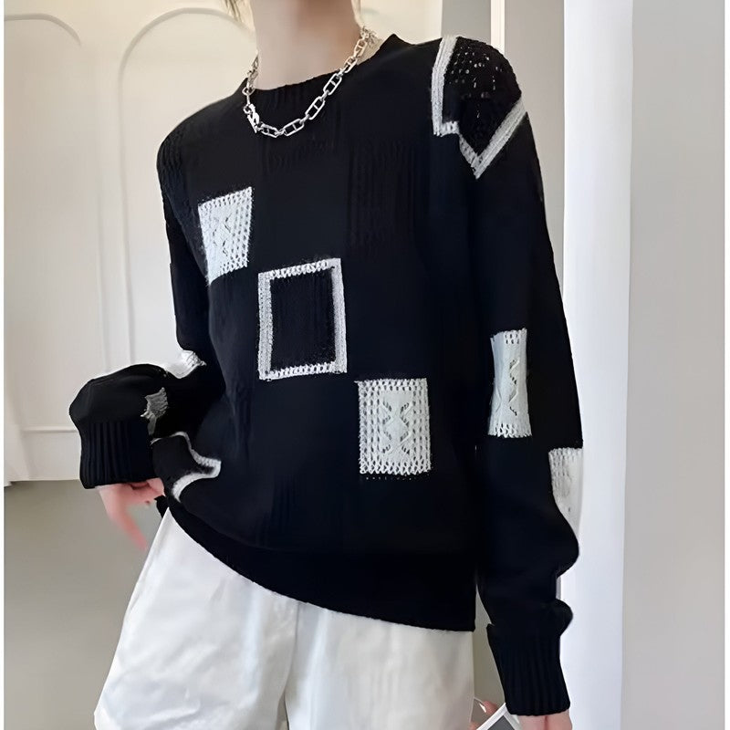 Kvinders strikket sweater - Patchwork med firkantede blokke