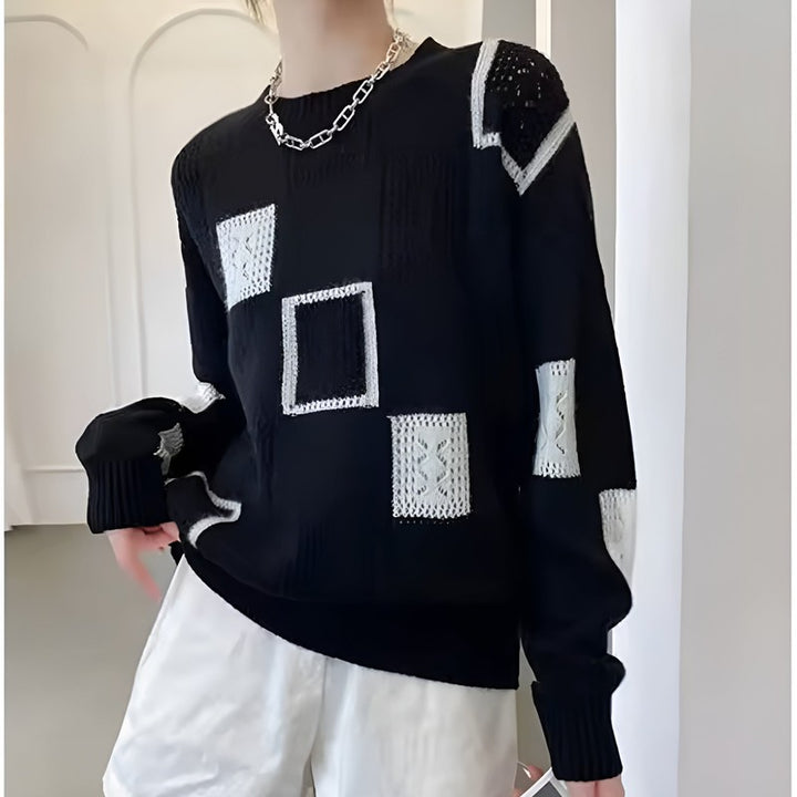 Kvinders strikket sweater - Patchwork med firkantede blokke