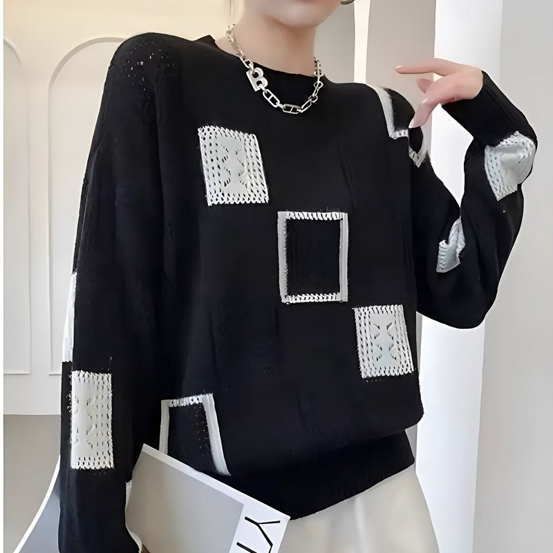 Kvinders strikket sweater - Patchwork med firkantede blokke