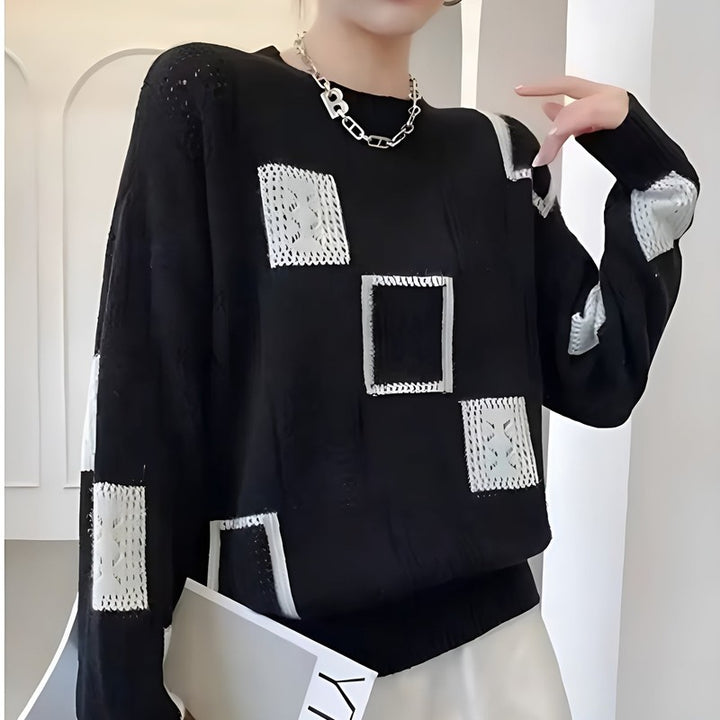 Kvinders strikket sweater - Patchwork med firkantede blokke